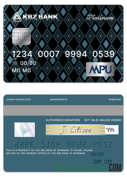 Myanmar KBZ bank MPU Platinum Kredit kartu desain