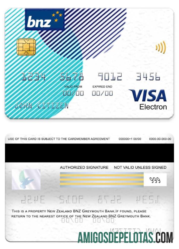 Selandia Baru BNZ Greymouth bank visa electron kartu templat