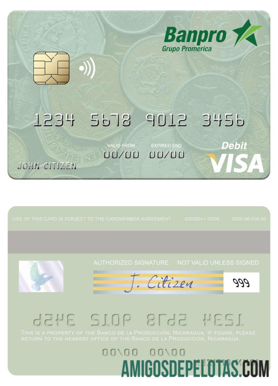 Nikaragua Banco de la Produccio╠ün visa Debit kartu templat