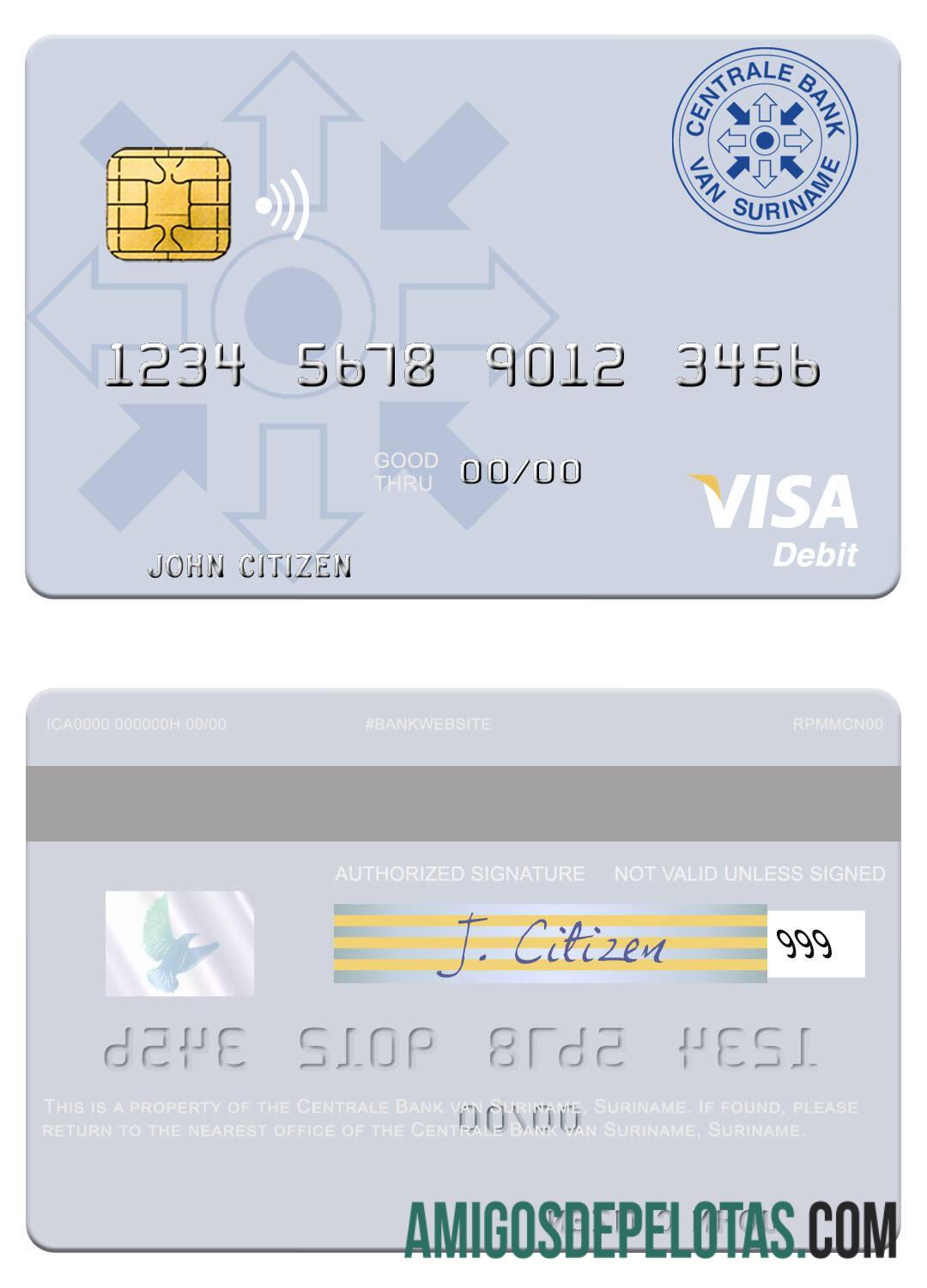 Suriname Centrale bank van Suriname visa Debit kartu sampel