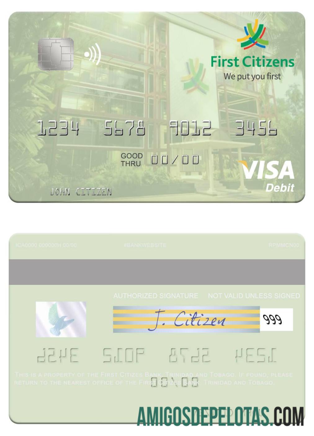 Trinidad dan Tobago First Citizes bank visa Debit kartu templat