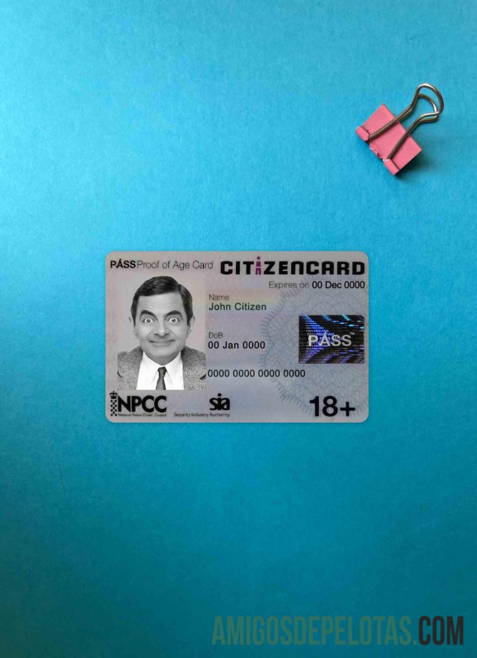 Inggris Raya Pass CitizenCard (proof of age kartu) tampilan foto depan sampel