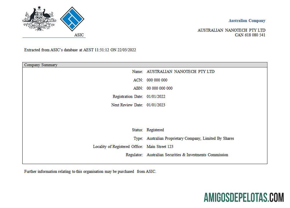 Aust (ASIC) sertifikat of Perusahaan pendaftaran 2 sampel