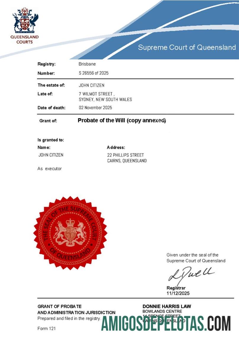 Australia Probate of the Will (Supreme Court of Queensland) templat