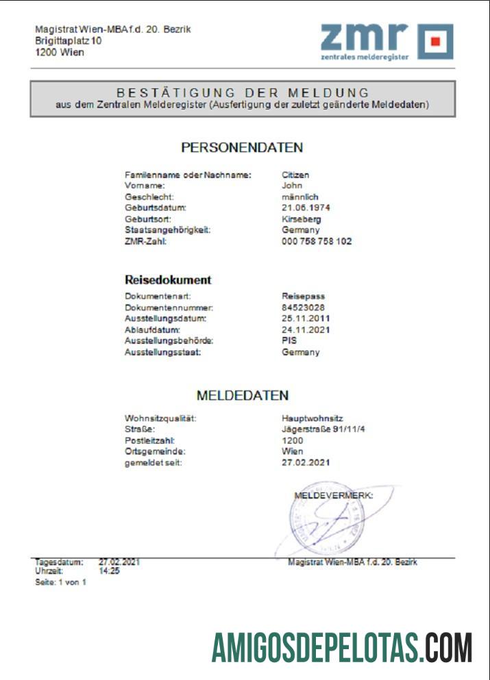 Dapat Diedit Austria ZMR Zentrales Melderegister Central register of residents Dokumen templat in Word format