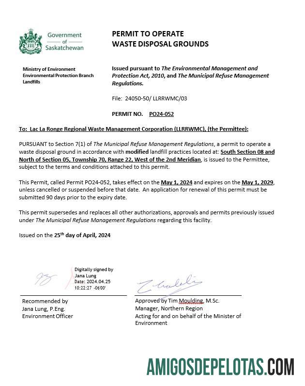 Kanada Saskatchewan izin to operate waste disposal grounds sampel