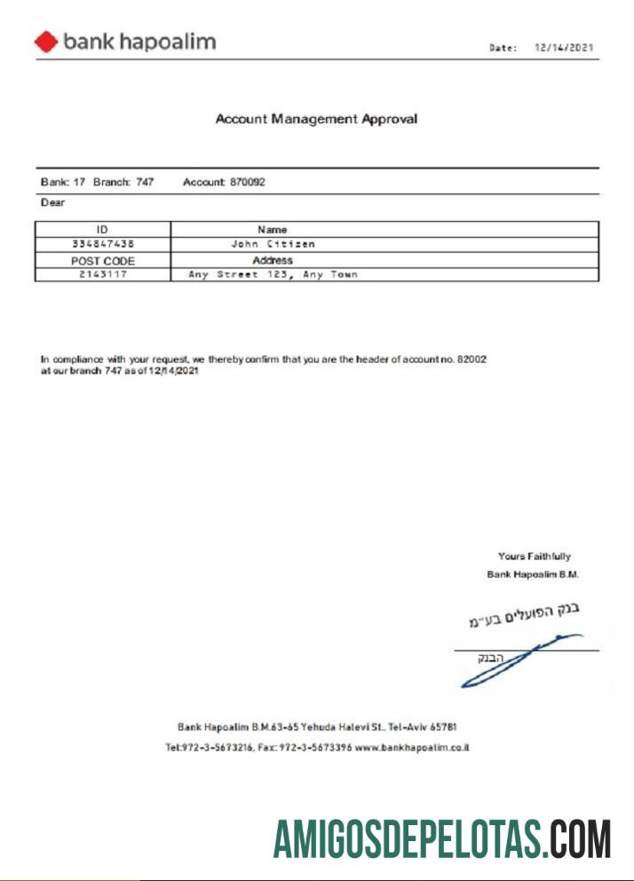 Israel bank Hapoalim rekening Management Approval sampel