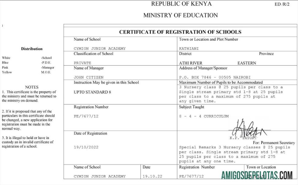 Kenya sertifikat of pendaftaran of schools templat