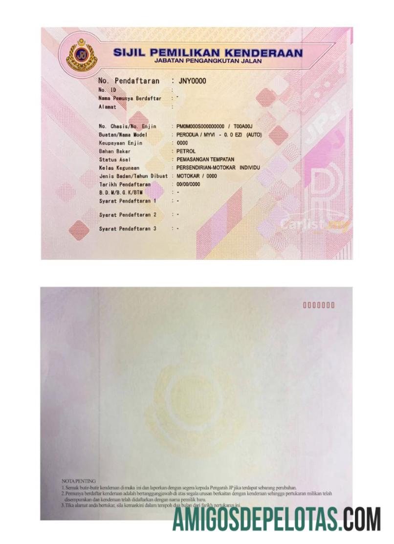 Malaysia JPJ Vehicle Ownership sertifikat (VOC), car pendaftaran kartu sampel