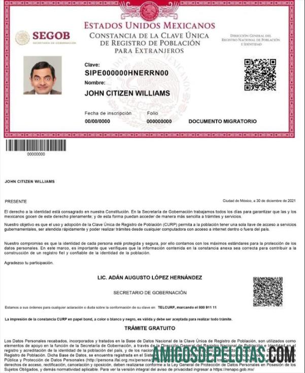 Meksiko Registro de Poblacion de Meksiko (CURP number) sampel