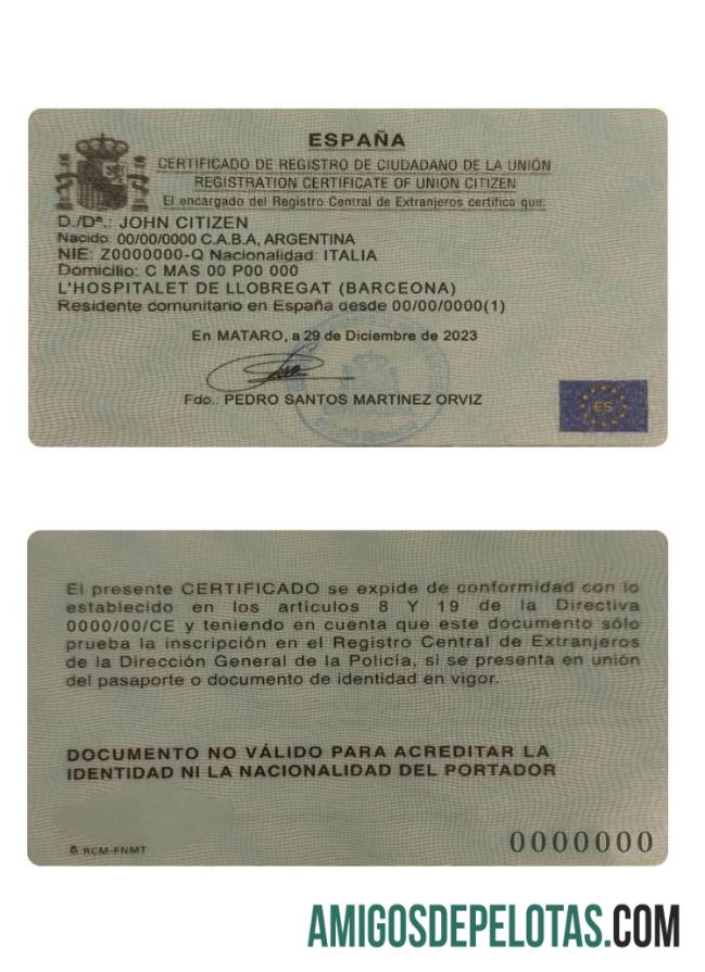 Spanyol pendaftaran sertifikat of serikat citizen sampel