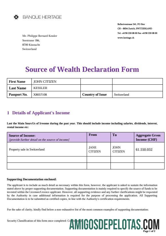 Swiss Source of Wealth Declaration Heritage bank sampel