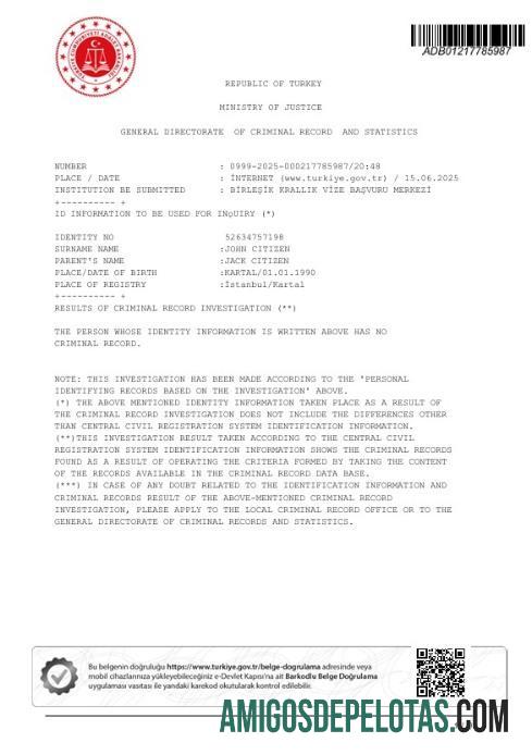 Turki Ministry of Justice Criminal Record sertifikat makering