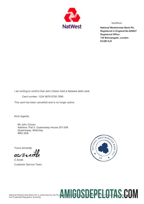 Inggris NatWest bank Debit kartu Cancellation Konfirmasi Surat makering