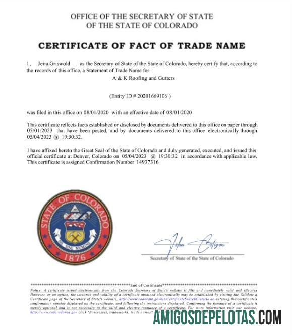AS Colorado sertifikat of fact of trade name templat