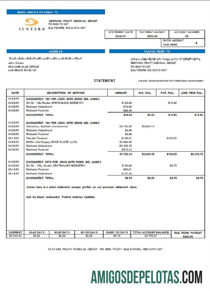 AS Sentara Pratt medis Group billing laporan sampel