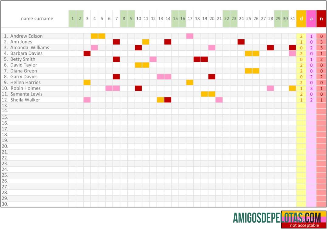 Profesional employee attendance sheet templat in Excel and PDF format, fully Dapat Diedit