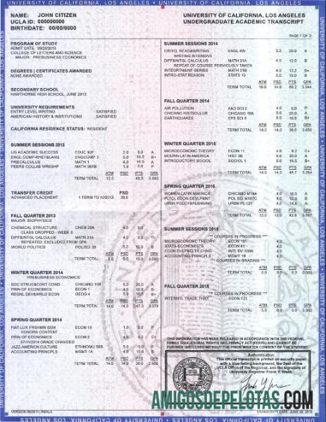 official undergraduate academic Transkrip from the universitas of California, Los Angeles, 2 pages templat