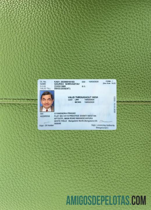 India Karnataka state motor Surat Izin Mengemudi tampilan foto depan sampel