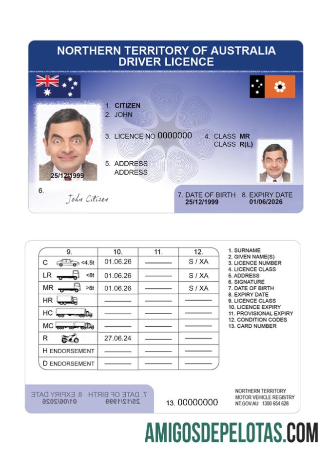 آسٹریلیا Northern Territory ڈرائیونگ لائسنس ماک اپ