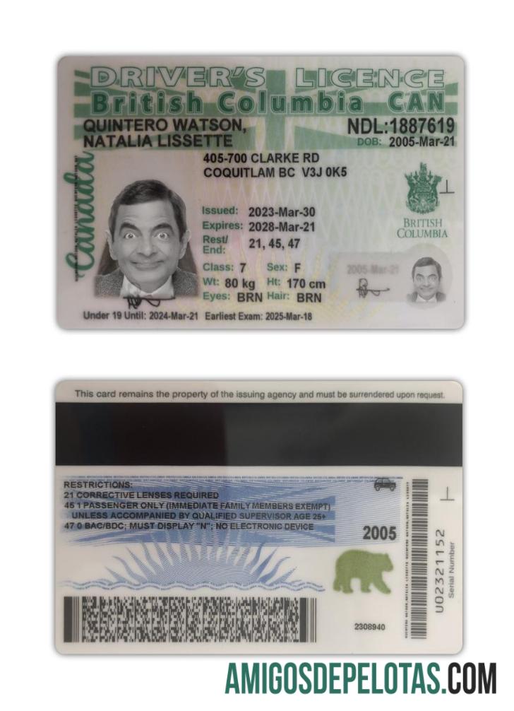 کینیڈا British Columbia ڈرائیونگ لائسنس 2021 موجودہ ماک اپ