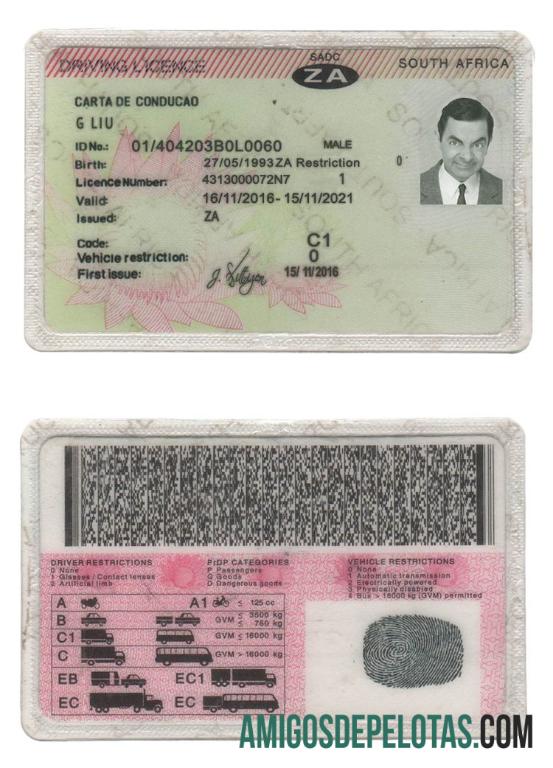 جنوبی افریقہ ڈرائیونگ لائسنس ٹیمپلیٹ