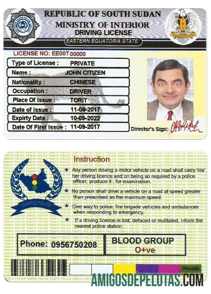 جنوبی سوڈان ڈرائیونگ لائسنس نمونہ