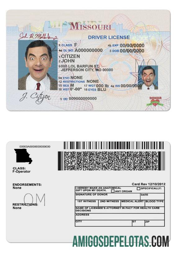 امریکہ Missouri ڈرائیونگ لائسنس ماک اپ