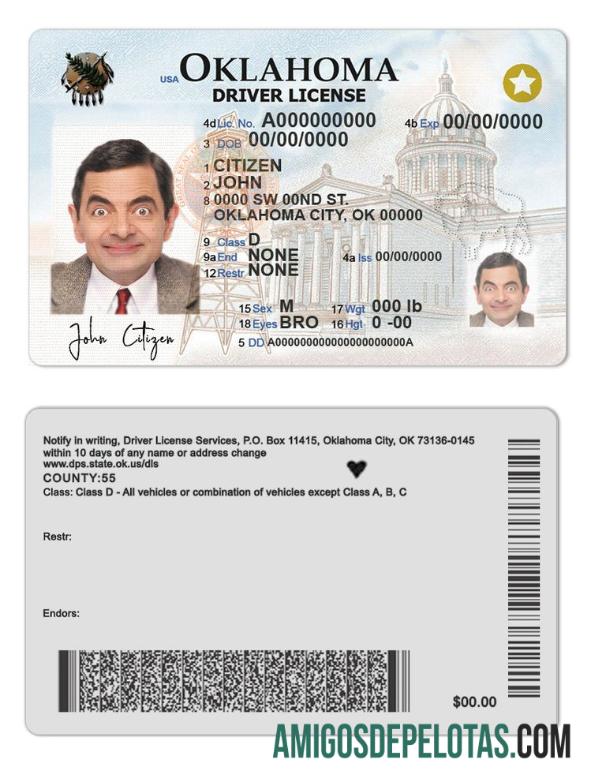 امریکہ Oklahoma ڈرائیونگ لائسنس (2020 ΓÇô موجودہ) ماک اپ