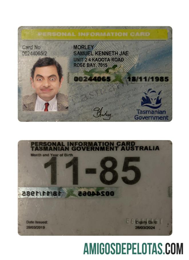 آسٹریلیا Tasmania personal معلومات کارڈ نمونہ
