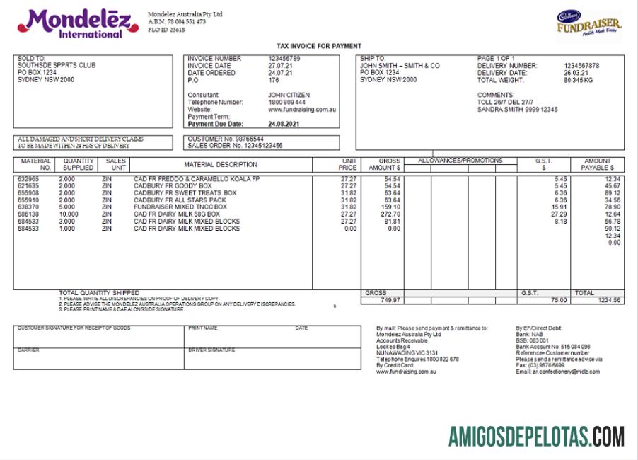 Australia Mondelez Holdings Pty Ltd faktur sampel