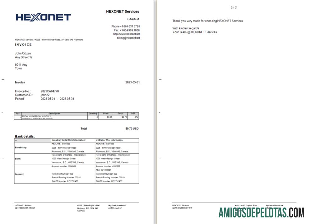 Realistis Kanada Hexonet Services faktur Word and PDF templat