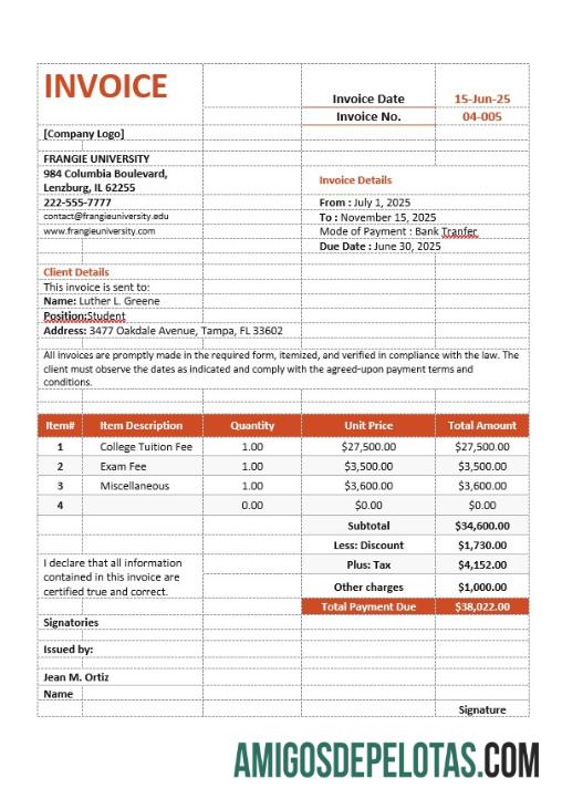 Berkualitas College Tuition faktur templat