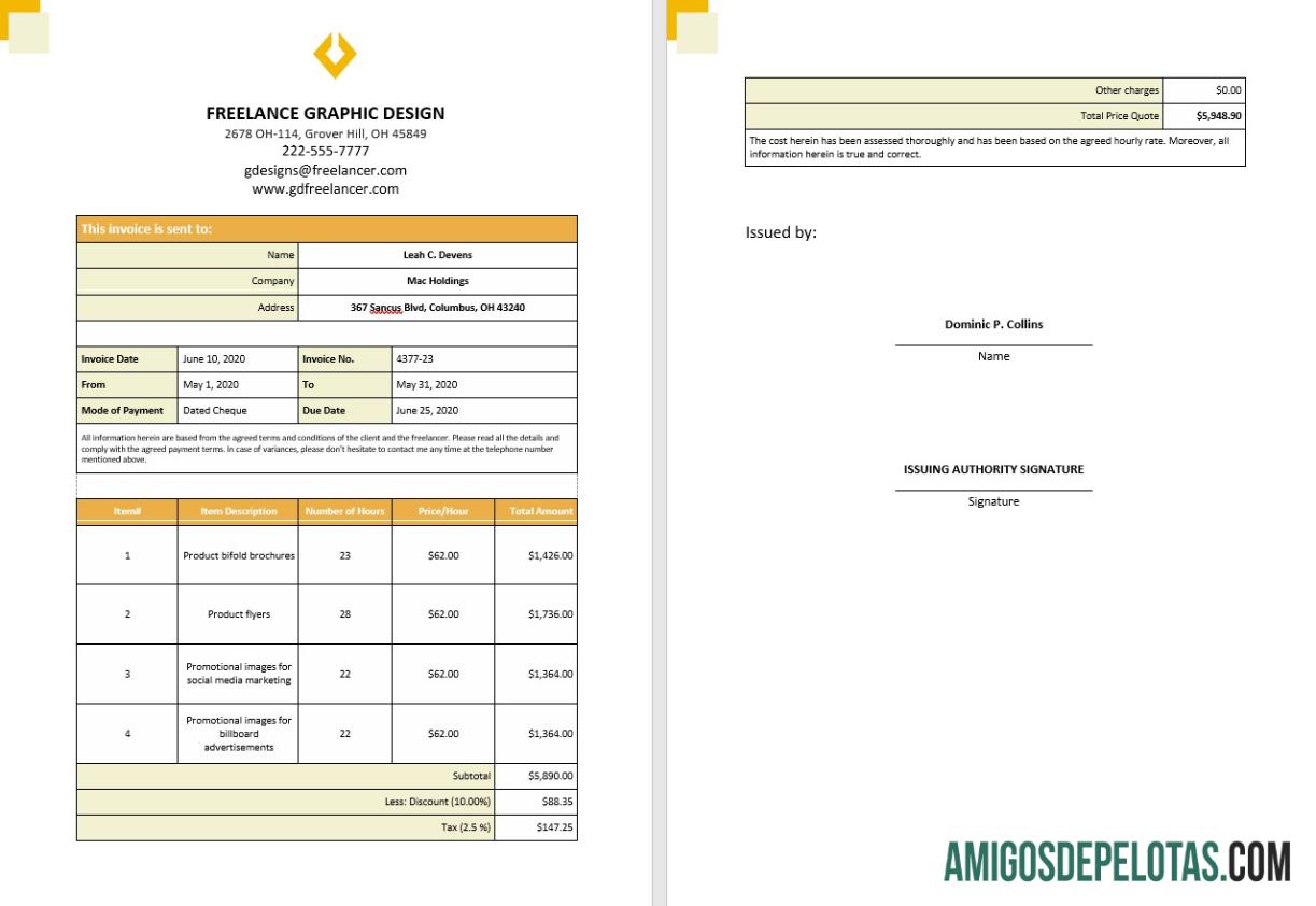 gratis lepas Hourly faktur templat