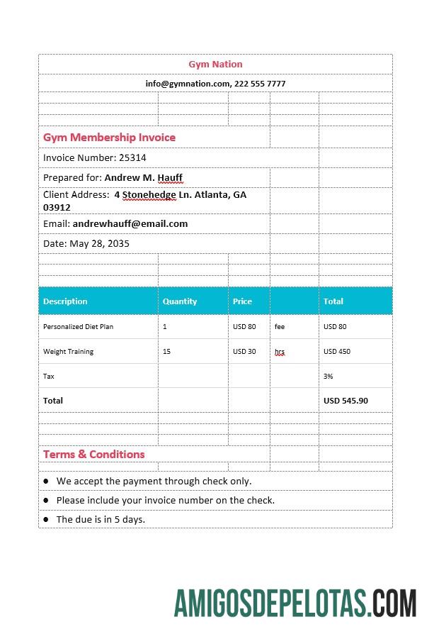 Profesional Gym Membership faktur templat