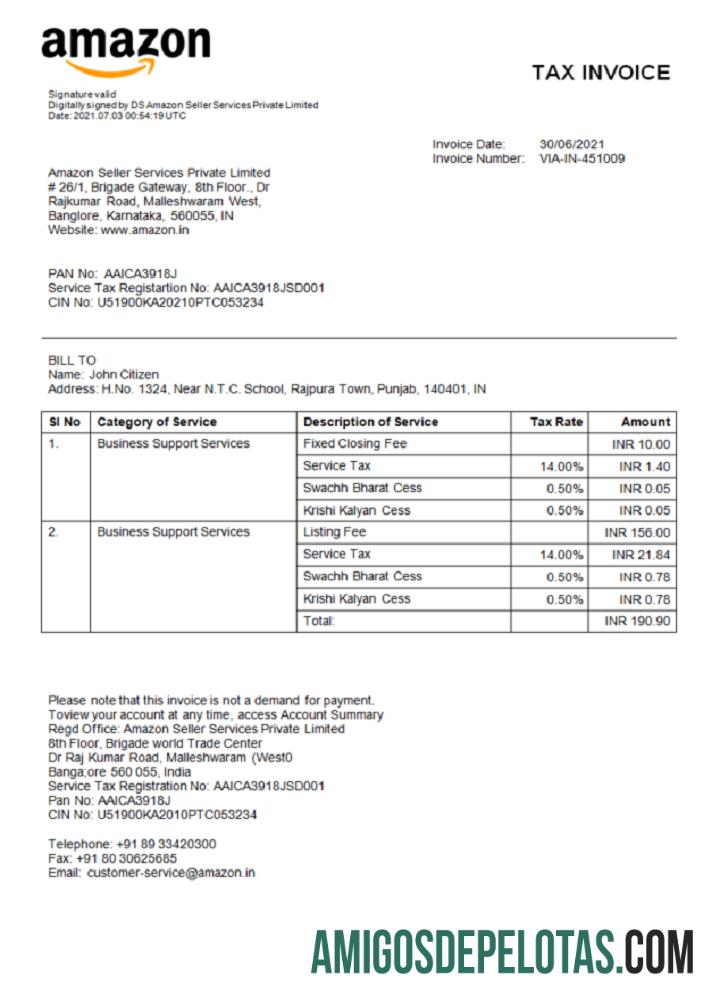 India Amazon American multinational Teknologi Perusahaan faktur sampel