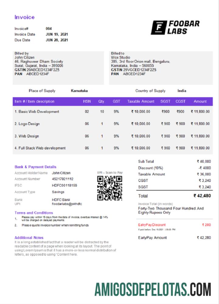 Dapat Diedit India Foobar Labs Informasi Teknologi Perusahaan faktur templat in Word and PDF format, fully Dapat Diedit, versi 2