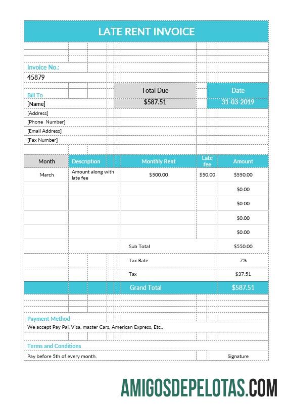 Profesional Late Rent faktur templat