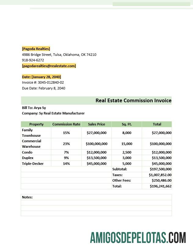 Dapat Diedit Nyata Estate Commission faktur templat