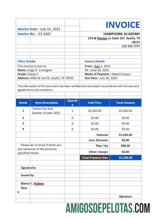 Dapat Diedit sekolah Tuition faktur templat