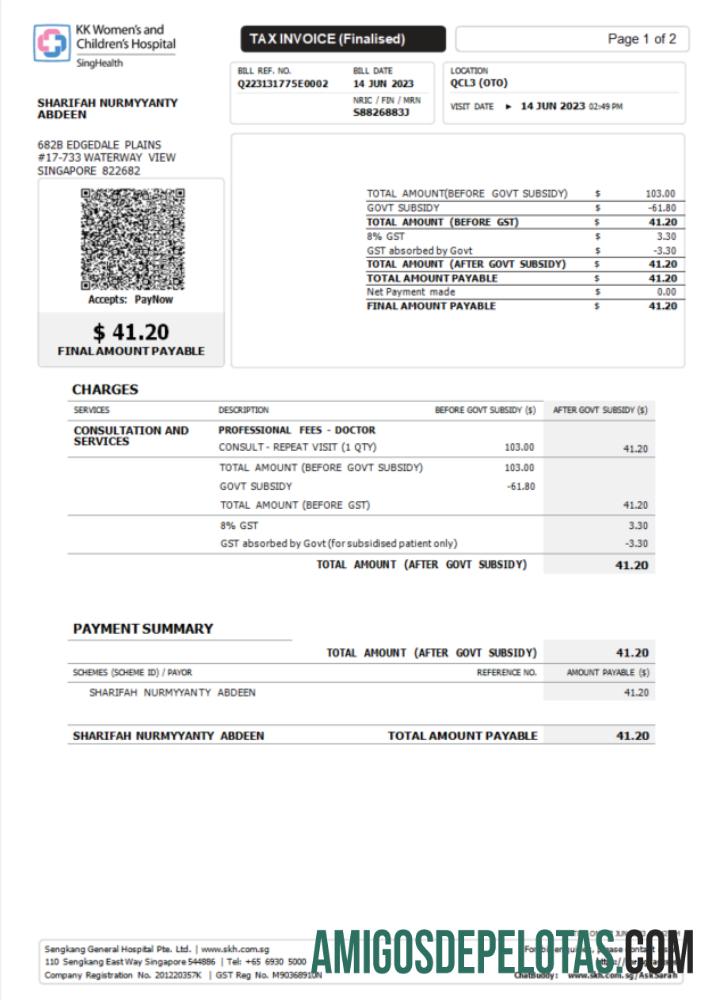 Premium Singapura KK Hospital pajak faktur Word and PDF templat