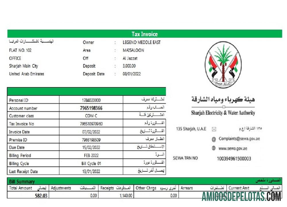 UEA Sharjah Listrik & Air Authority pajak faktur sampel