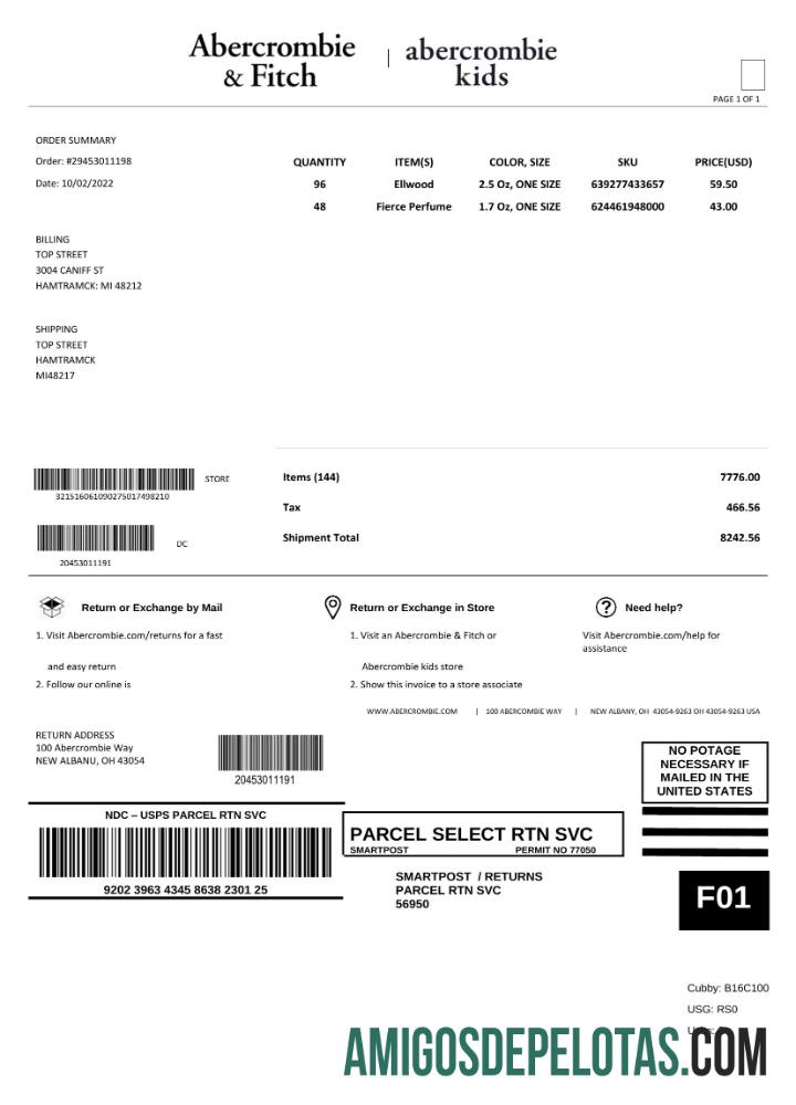 Realistis AS Abercrombie & Fitch faktur templat in Word and PDF format, fully Dapat Diedit