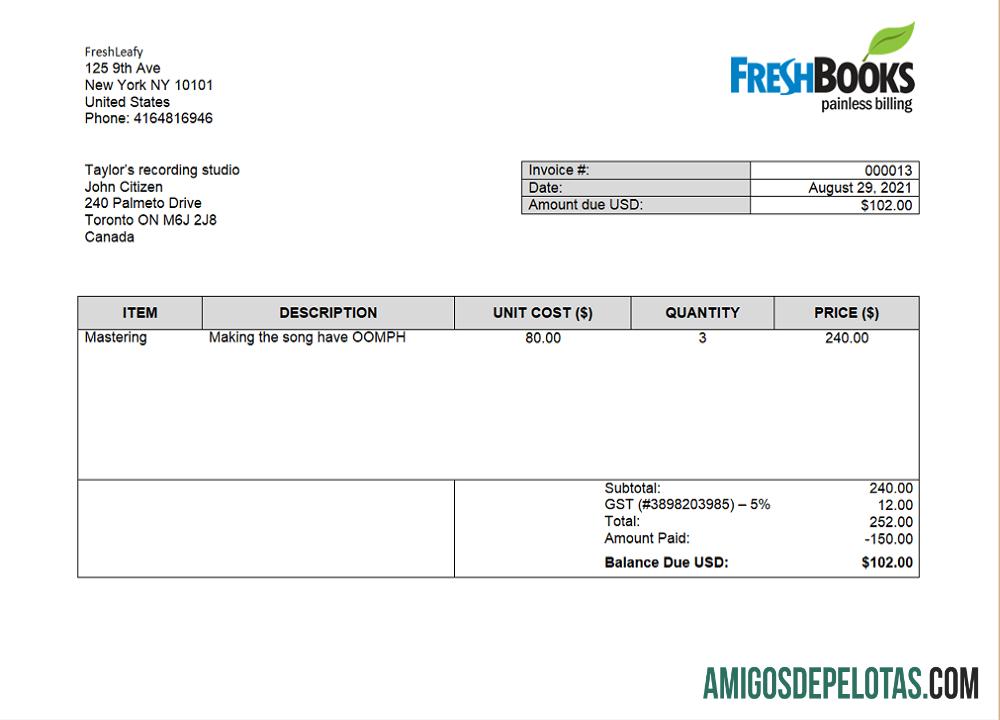 AS FreshBooks Perusahaan faktur pratinjau