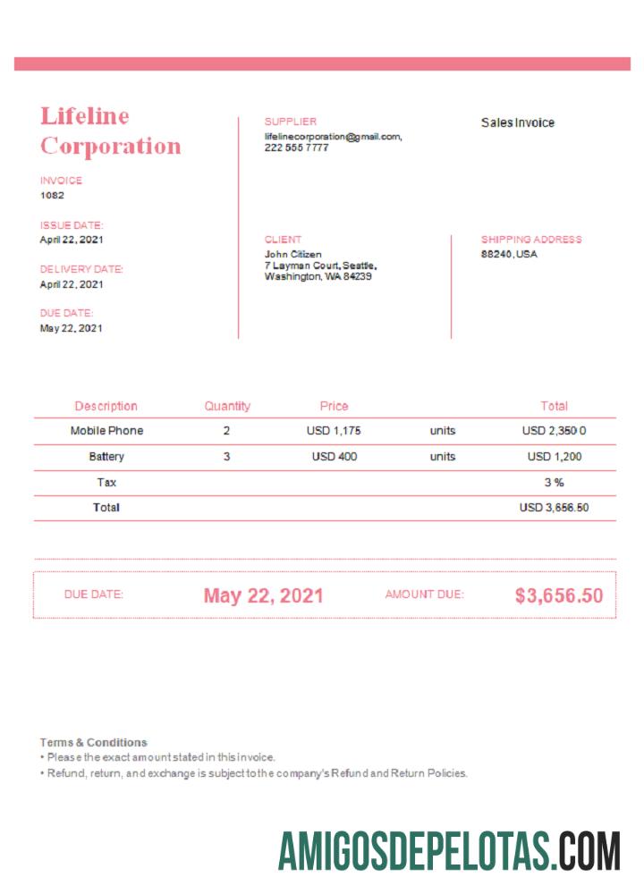 Berkualitas AS Lifeline Corporation faktur templat in Word and PDF format, fully Dapat Diedit, versi 2