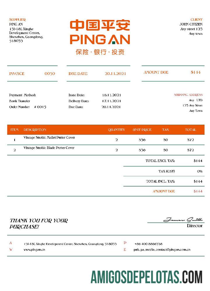 AS Ping An faktur templat