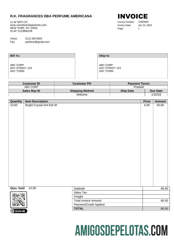 Berkualitas AS R.K. Fragrances DBA Perfume Americana faktur Word and PDF templat