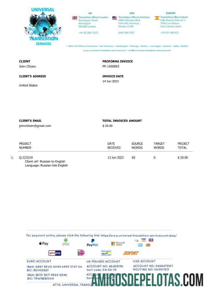 Profesional AS Universal Translation Services faktur Word and PDF templat
