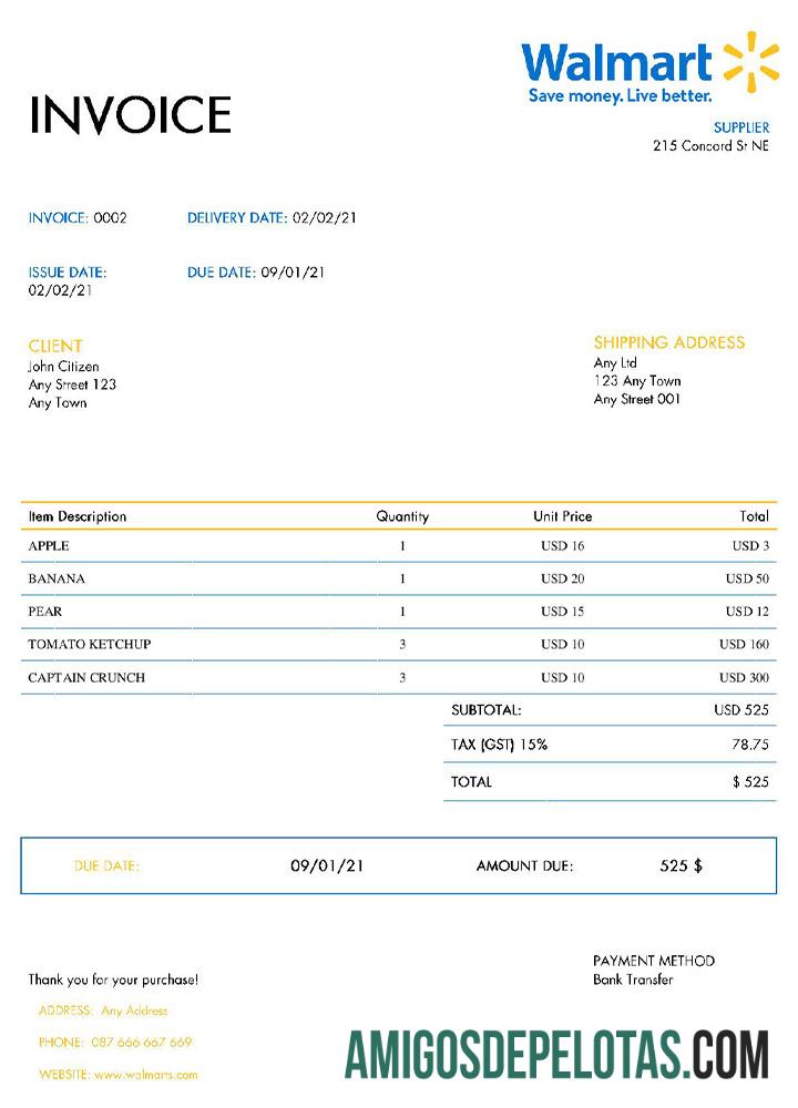 Profesional AS Walmart faktur templat