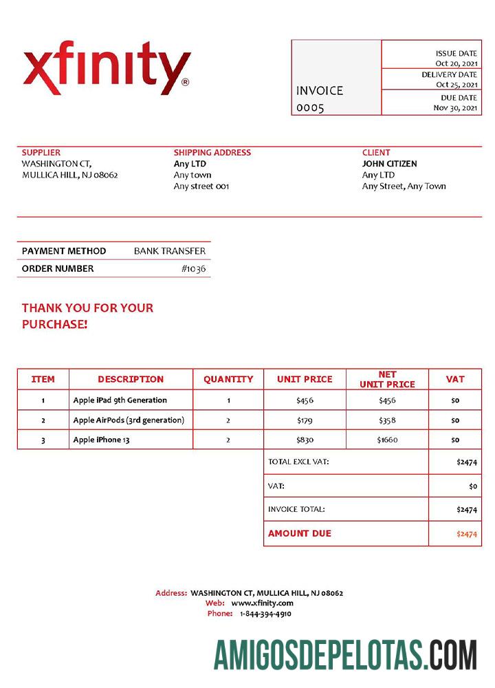Dapat Diedit AS Xfinity faktur templat